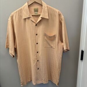 Jos A Bank Mens Shirt L 100% Silk Peach Button Front Short Sleeve Textured